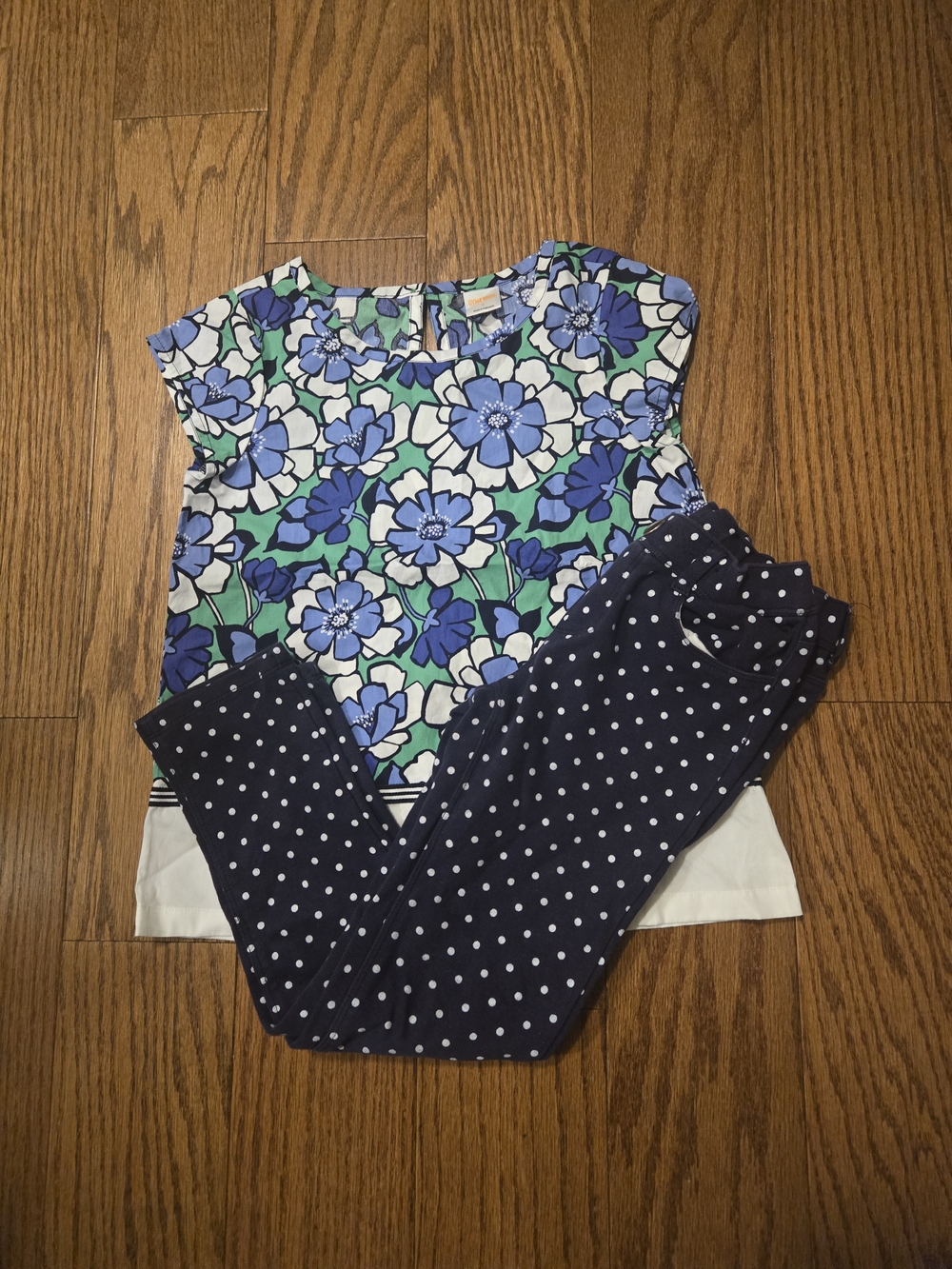 Gymboree Blue Green Floral Top with Navy Polka Dot Leggings
